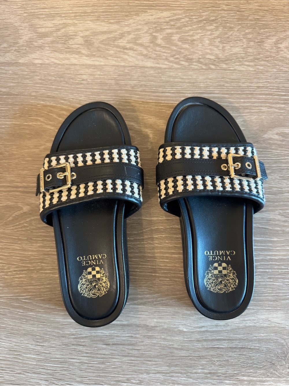 Vince Camuto Black Slide Sandals with Cream Woven Detail